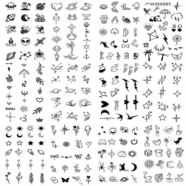 12-Sheet Temporary Tattoo Set, 100+ Black Mixed Designs